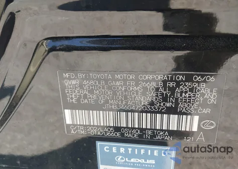 2007 Lexus Es 350 из США, поврежденный, VIN JTHBJ46G472033372